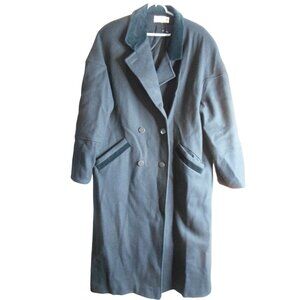 Vintage 1980s Womens Black Wool Long Coat Overcoat Lined Velvet accents